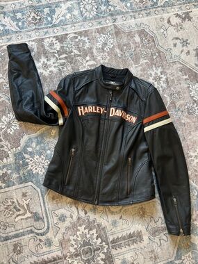 Harley-Davidson Black Leather Women's Racing Jacket with Orange & Cream Stripes